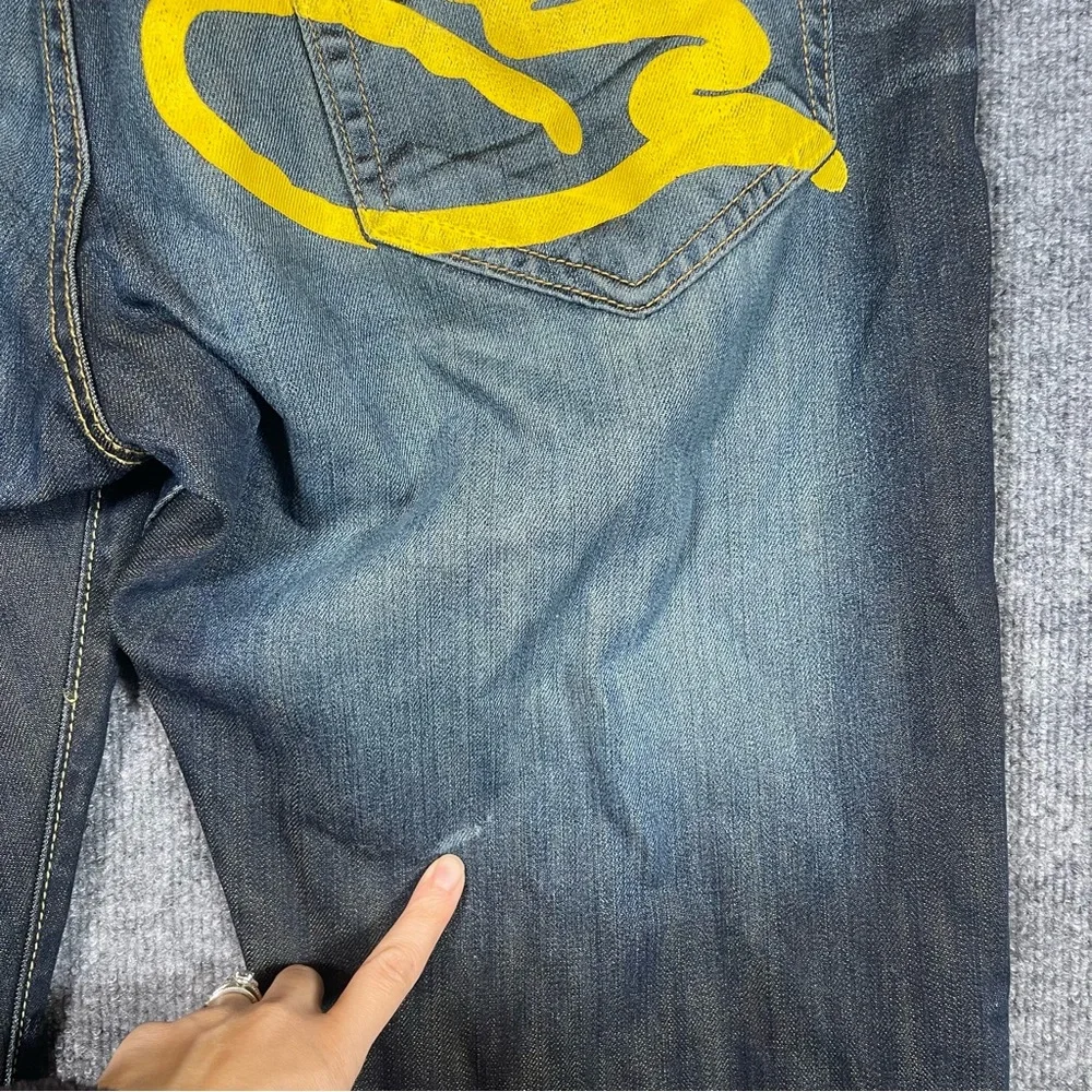 Ed Hardy Mens‎ 36X34  Yellow Logo Dark Wash Denim Distressed Designer Jeans Y2K